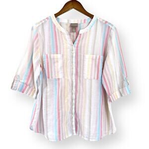 Chicos Blouse Womens 2 US L 12 Button Front Lightweight Pastel Metallic Striped